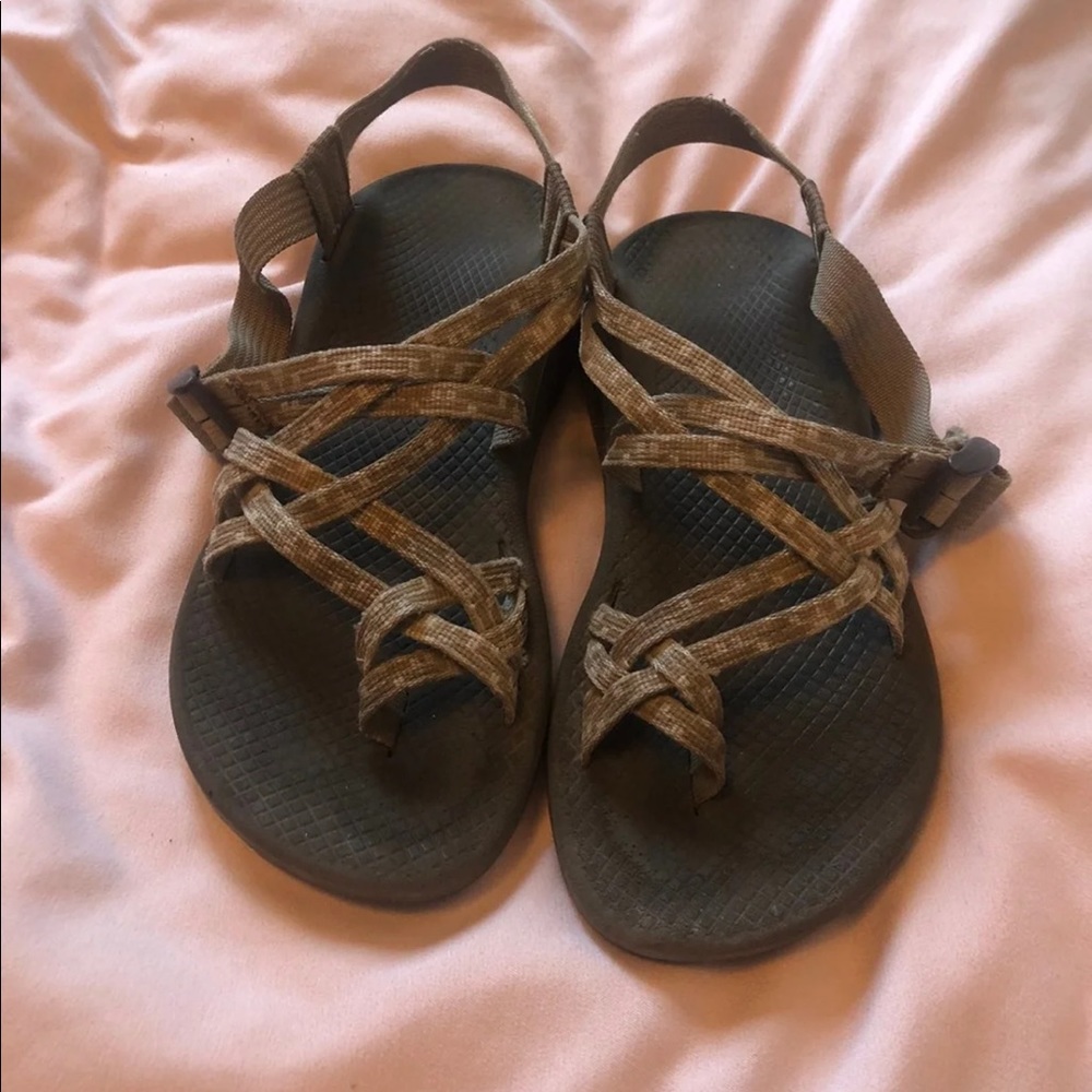 Brown two strap cloud chacos